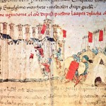 10. I pisani, con le bandiere rosse, conquistano Lucca nel 1312. Illustrazione dalle Croniche di Giovanni Sercambi (1348-1424)