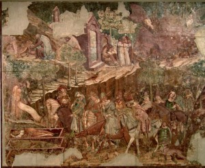 Buonamico Buffalmacco, Incontro dei vivi con i morti (particolare del Trionfo della morte), 1336-41, Pisa, Camposanto monumentale